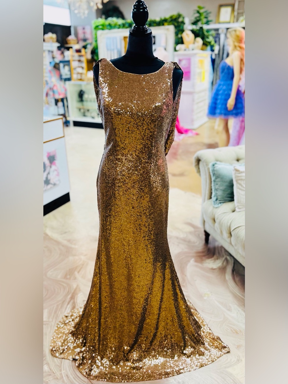 Sleeveless Gold Sequin Prom Gown - Women Dresses